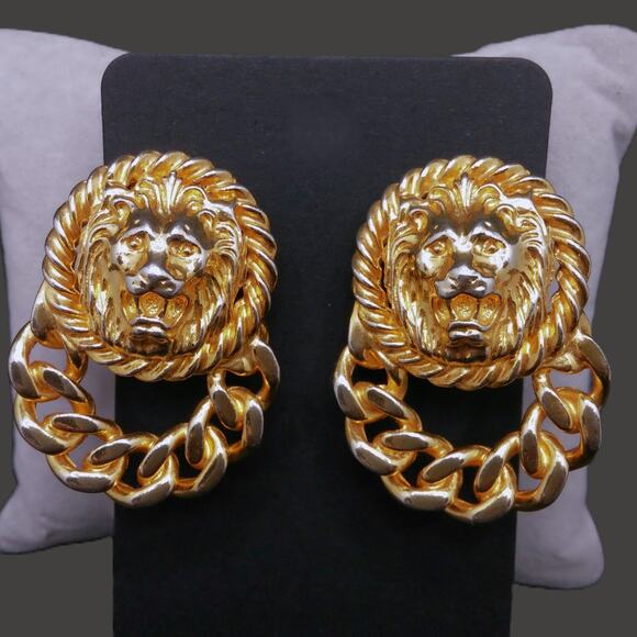 Vintage Lion Head Earrings Door Knocker Clip On Gold Tone Cuban Chain Link Loop - Picture 9 of 10